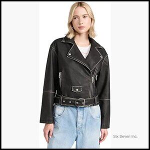 Vegan Leather Moto Jacket with Belt, Faux Leather Coat